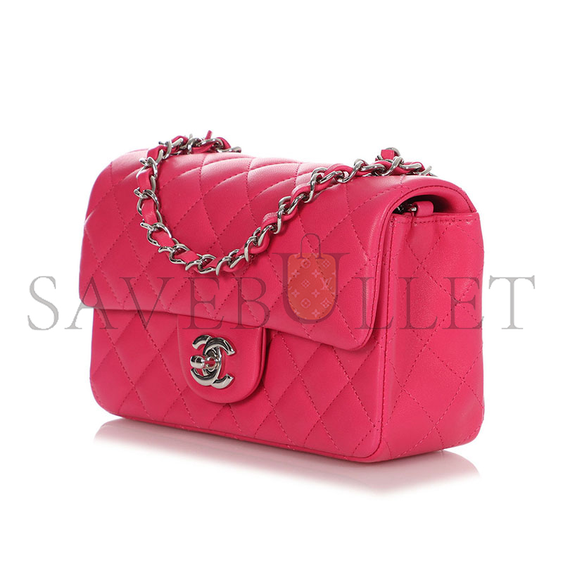 CHANEL QUILTED LAMBSKIN RECTANGULAR MINI FLAP PINK SILVER HARDWARE A69900 (20*13*7cm)
